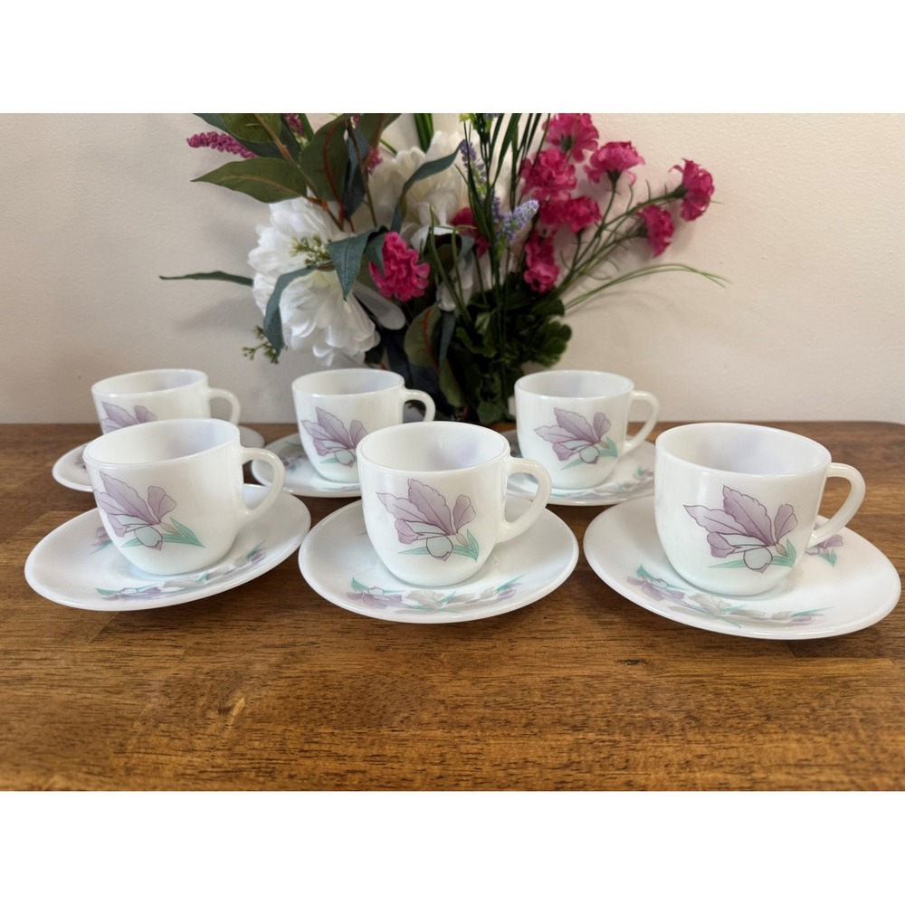 Vintage Arcopal France Opal Glass Cups and Saucers – Purple Iris Floral Design